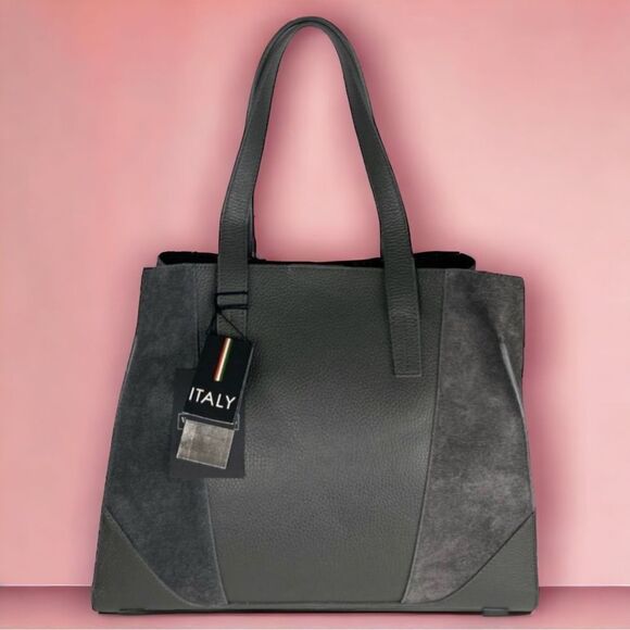NWT Valentina Fiore Italian Gray Suede Leather Tote Bag Workcore Chic Minimalist - Picture 13 of 13